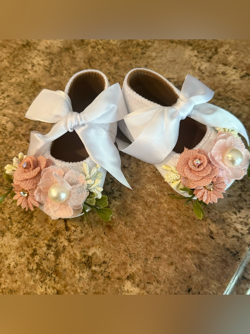 White Baby Mary Jane Shoes with Blush Floral Accents and Satin Bow size 1